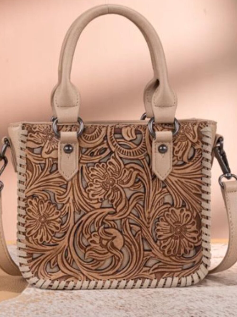 Trinity Ranch Floreal Tooled Mini Tote Crossbody Tan NWT